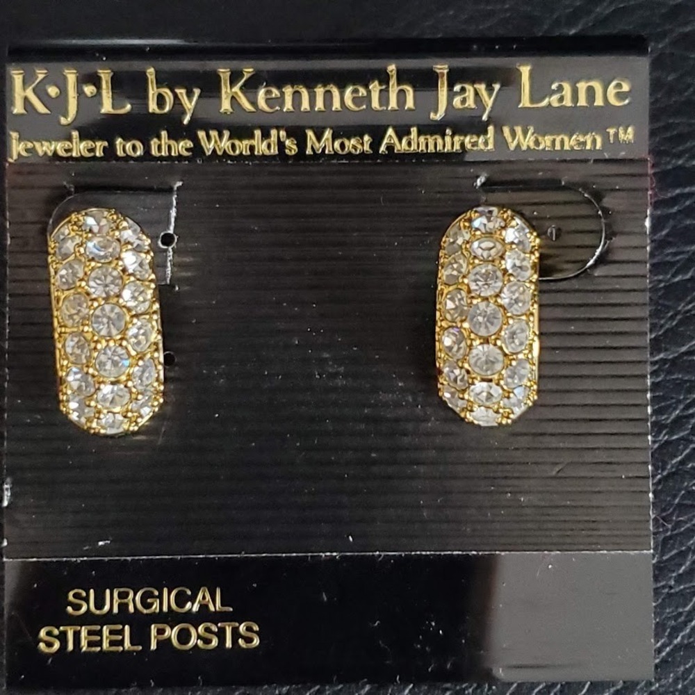 KJL Kenneth Jay Lane Gold Tone Pave Rhinestone C Hoop Earrings Surgical Steel